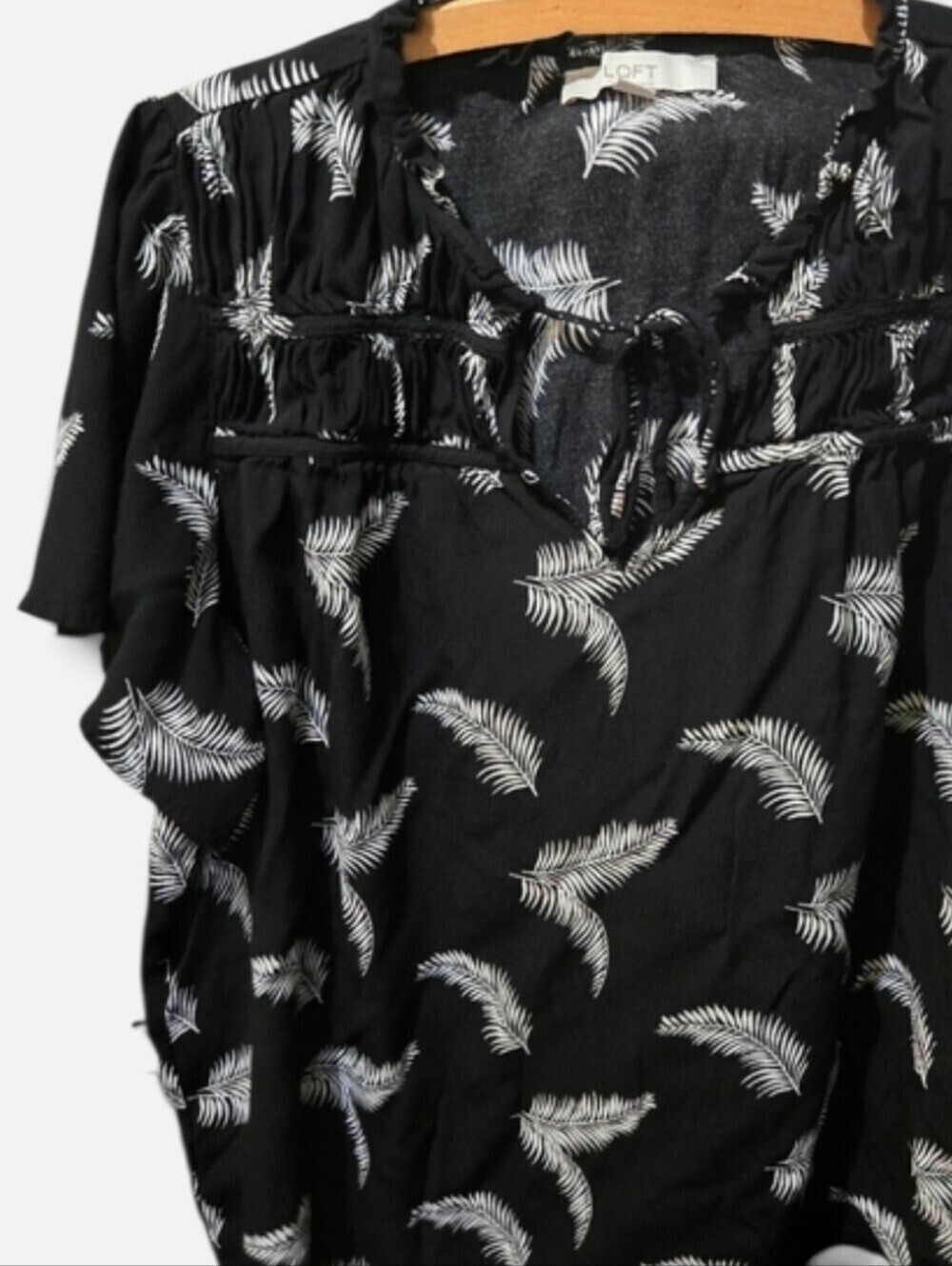 LOFT Black Blouse with White Feather Print and Tie Neck